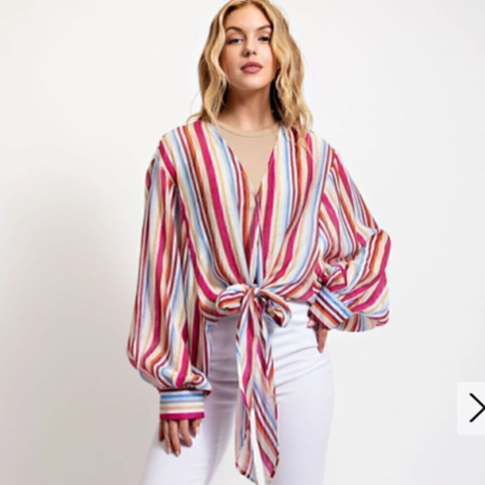 Sweet Candy Striped Front Tie Long Sleeve Shirt with Snap Button Boho Festival